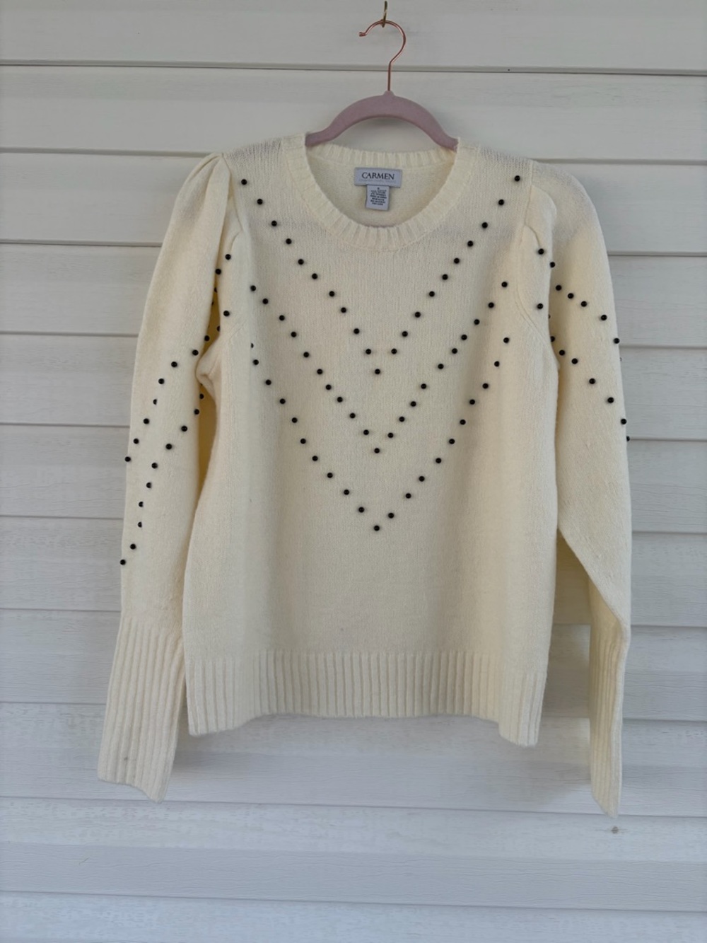 Carmen Marc Valvo Cream Sweater Black Detail Elegant Knit Top Chic Minimal